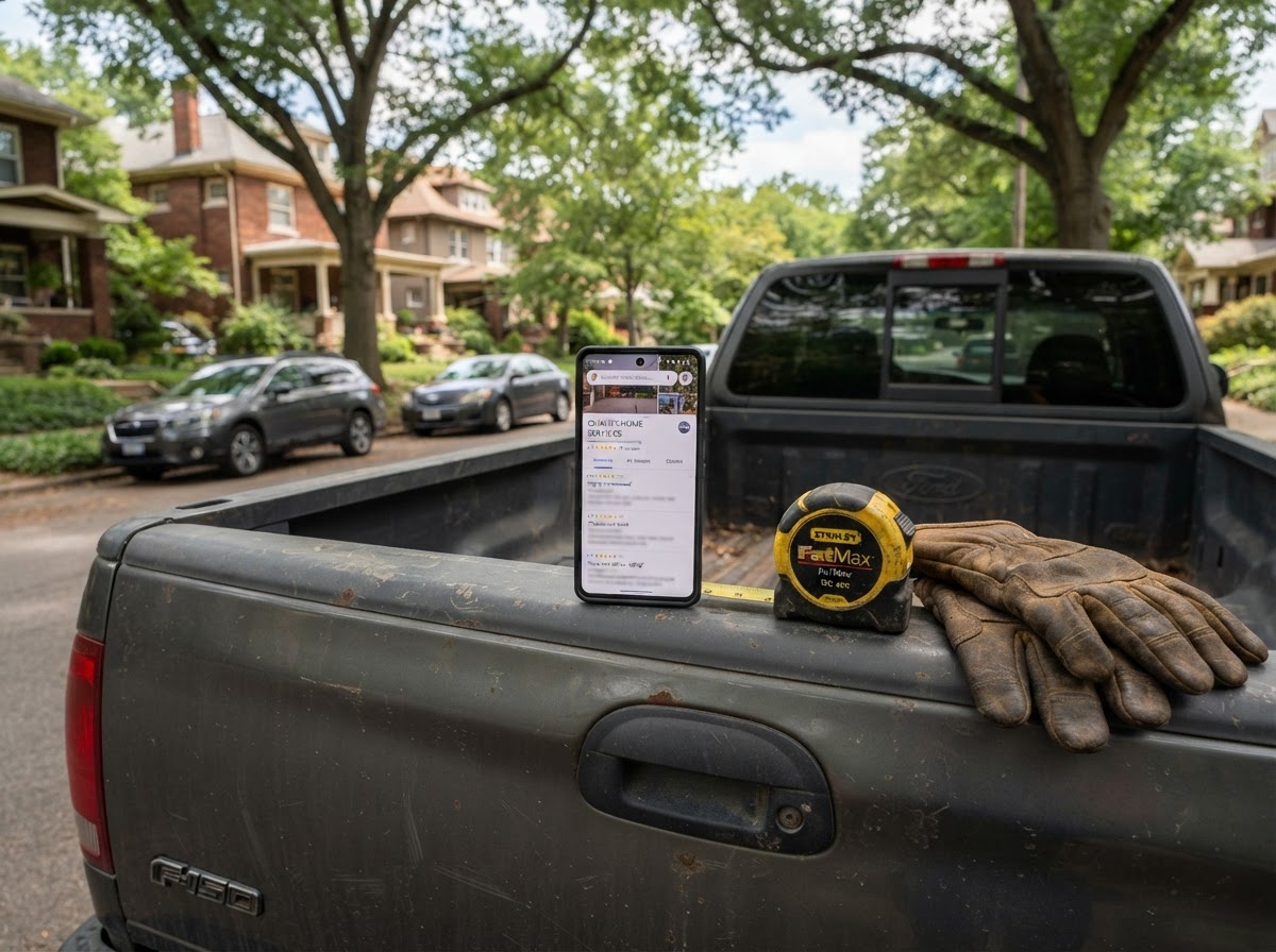 A contractor's smartphone on the tailgate of a pickup truck on a tree-lined Decatur street, the screen showing a Google business listing with five gold stars and recent customer reviews, a tape measure and work gloves beside it