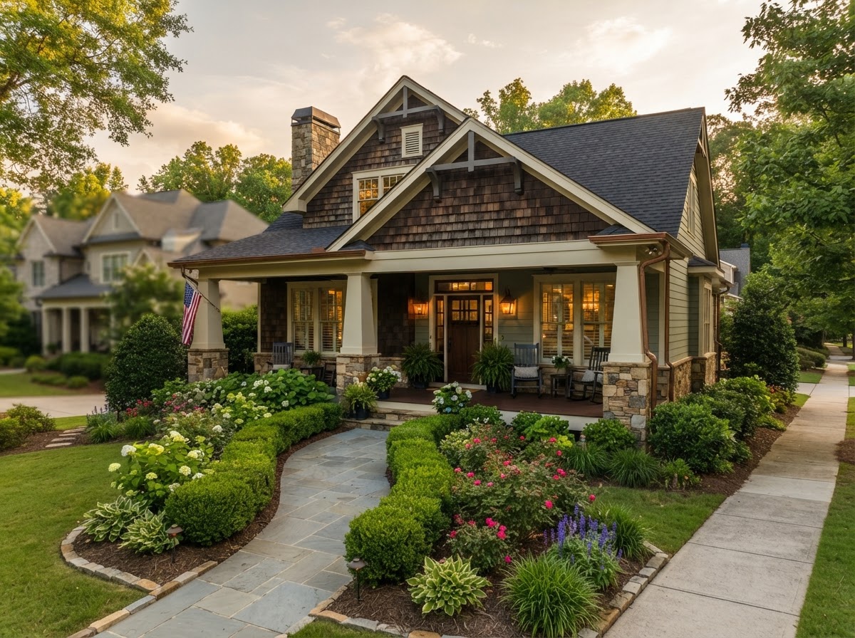 A tidy upscale craftsman-style home with a covered front porch and neat landscaping in an affluent Atlanta suburb setting