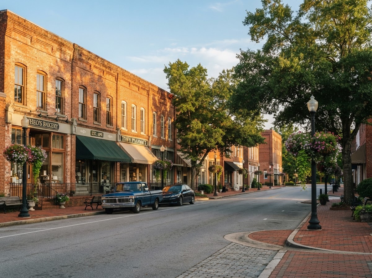 A tidy historic downtown streetscape in a small Georgia town with brick buildings, hanging flower baskets, and a tree-lined sidewalk