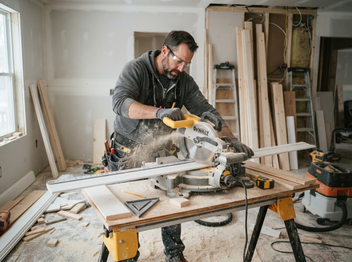 Carpenter measuring and cutting wood trim with a miter saw on a residential project