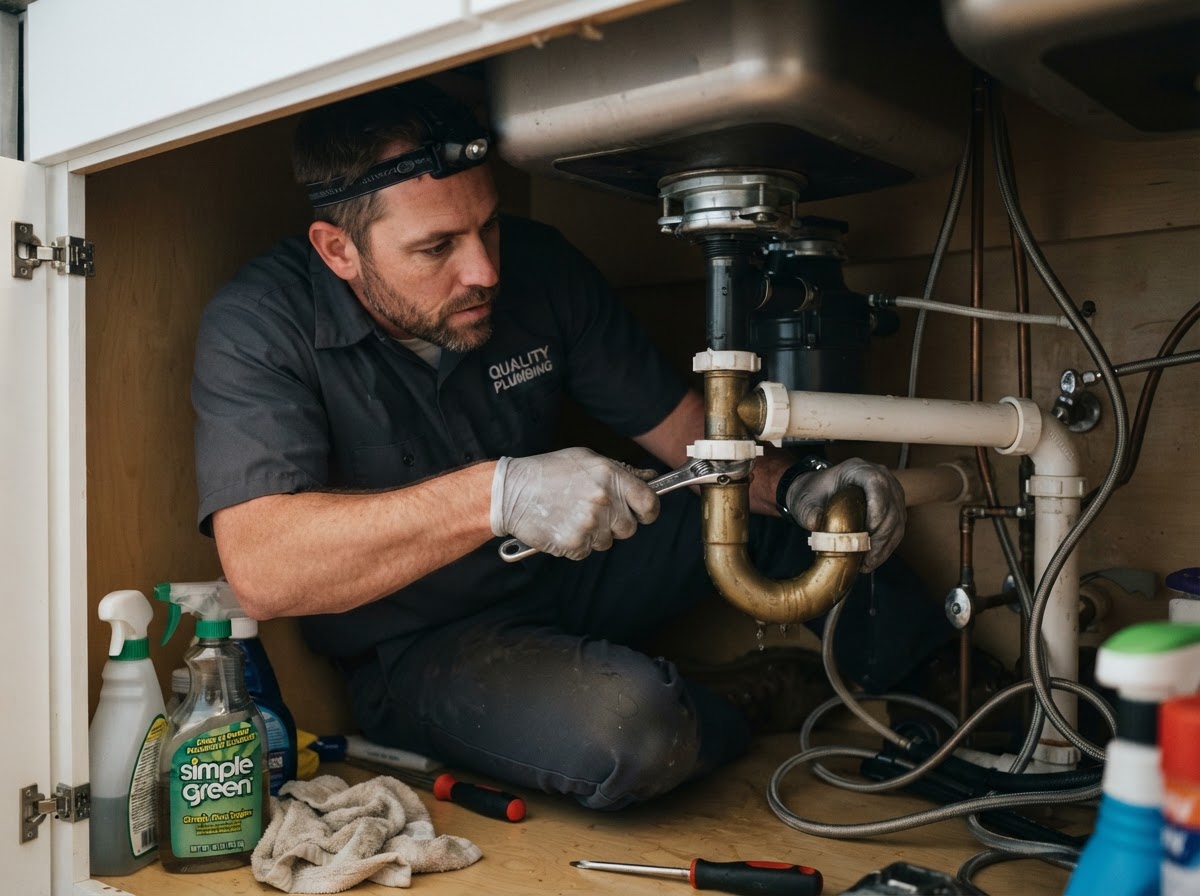 Plumber fixing pipes under a residential kitchen sink