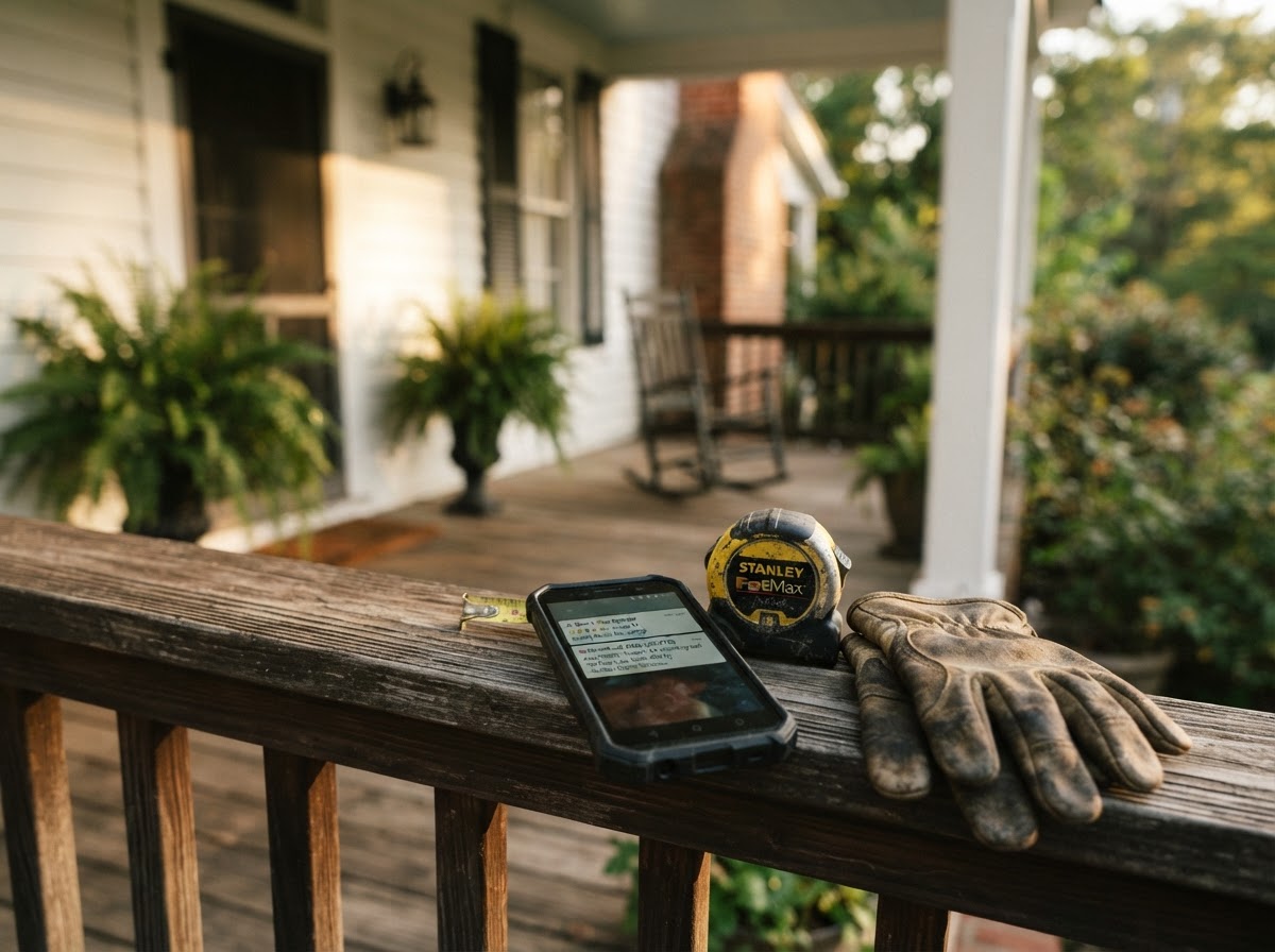 A contractor's smartphone resting on the wooden porch railing of a historic Canton home, the screen showing a new 5-star review notification and a missed-call text-back reply, a tape measure and work gloves beside it