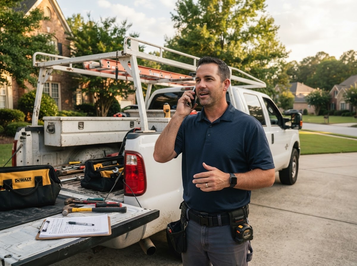 A professional contractor in a branded polo shirt standing beside a work truck in a Dallas Georgia driveway, holding a smartphone to his ear taking a business call, tools and a clipboard nearby