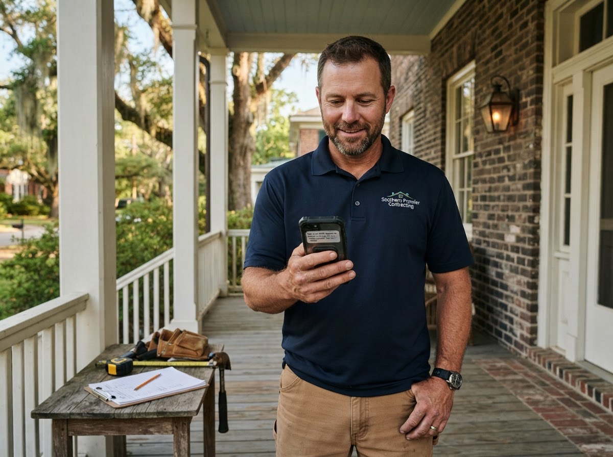 A professional contractor in a branded polo shirt standing on the porch of a historic Southern home, checking a smartphone that displays a new lead text message notification, tools and a clipboard nearby