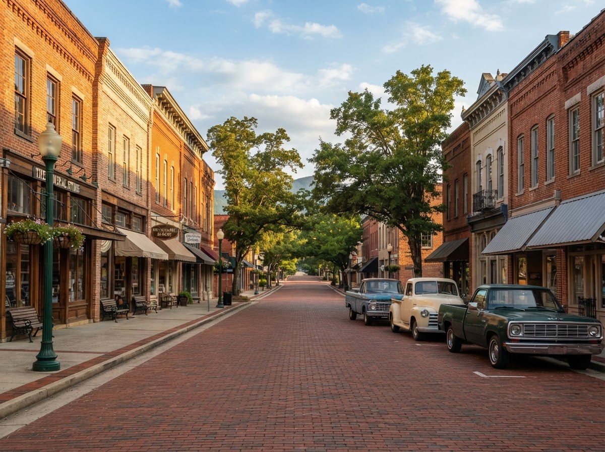 A quiet, well-kept north Georgia small-town main street with restored brick storefronts and parked trucks