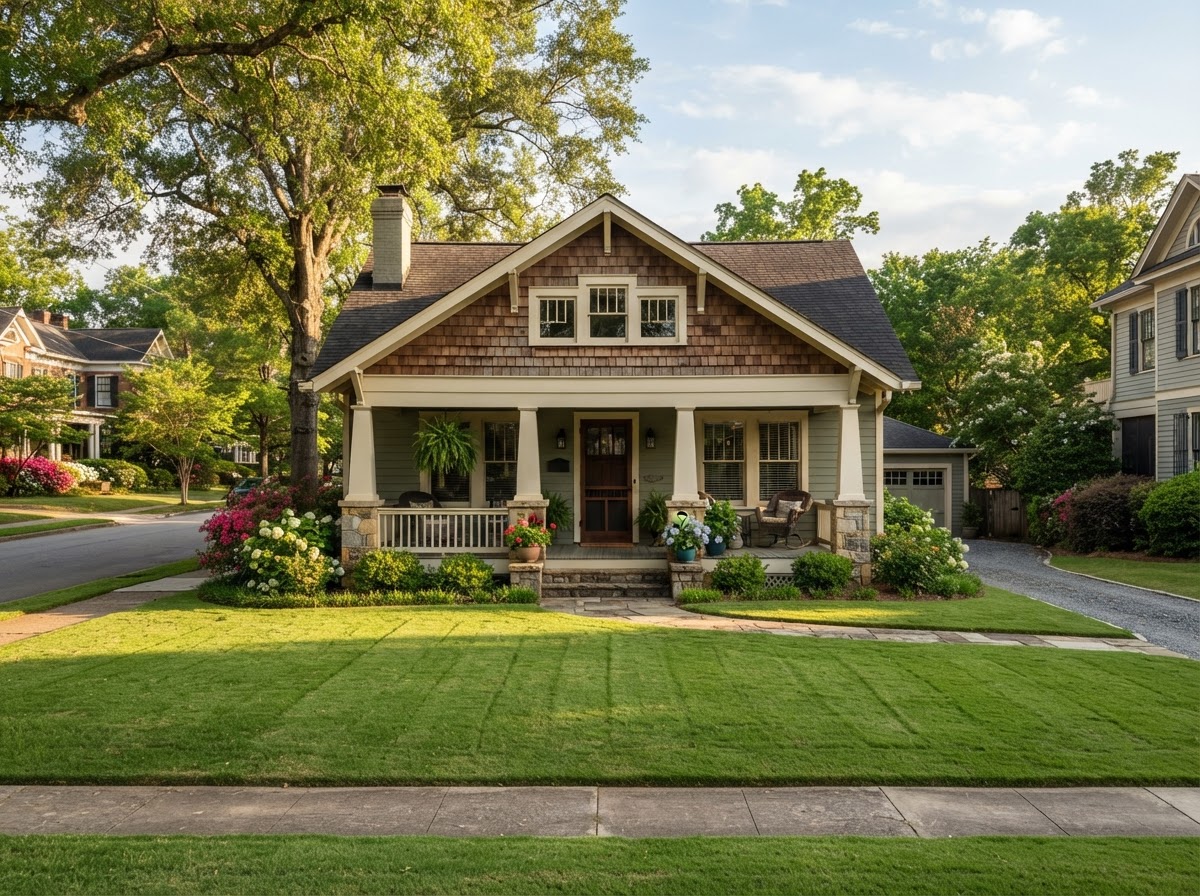 A tidy craftsman-style home with a covered front porch and a neat green lawn in a quiet Georgia small-town setting