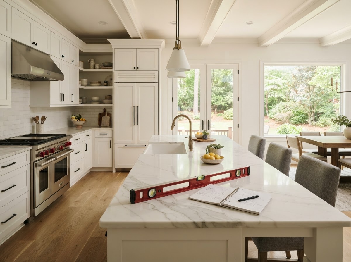A bright renovated upscale kitchen interior with white cabinetry and a contractor's level and notebook on the counter in an affluent Atlanta suburb