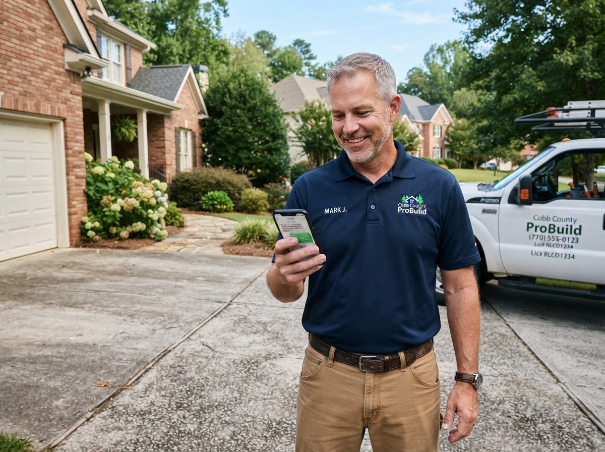 A professional contractor in a branded polo shirt in a Cobb County residential driveway, holding a smartphone showing a missed-call text-back notification and a new lead text message