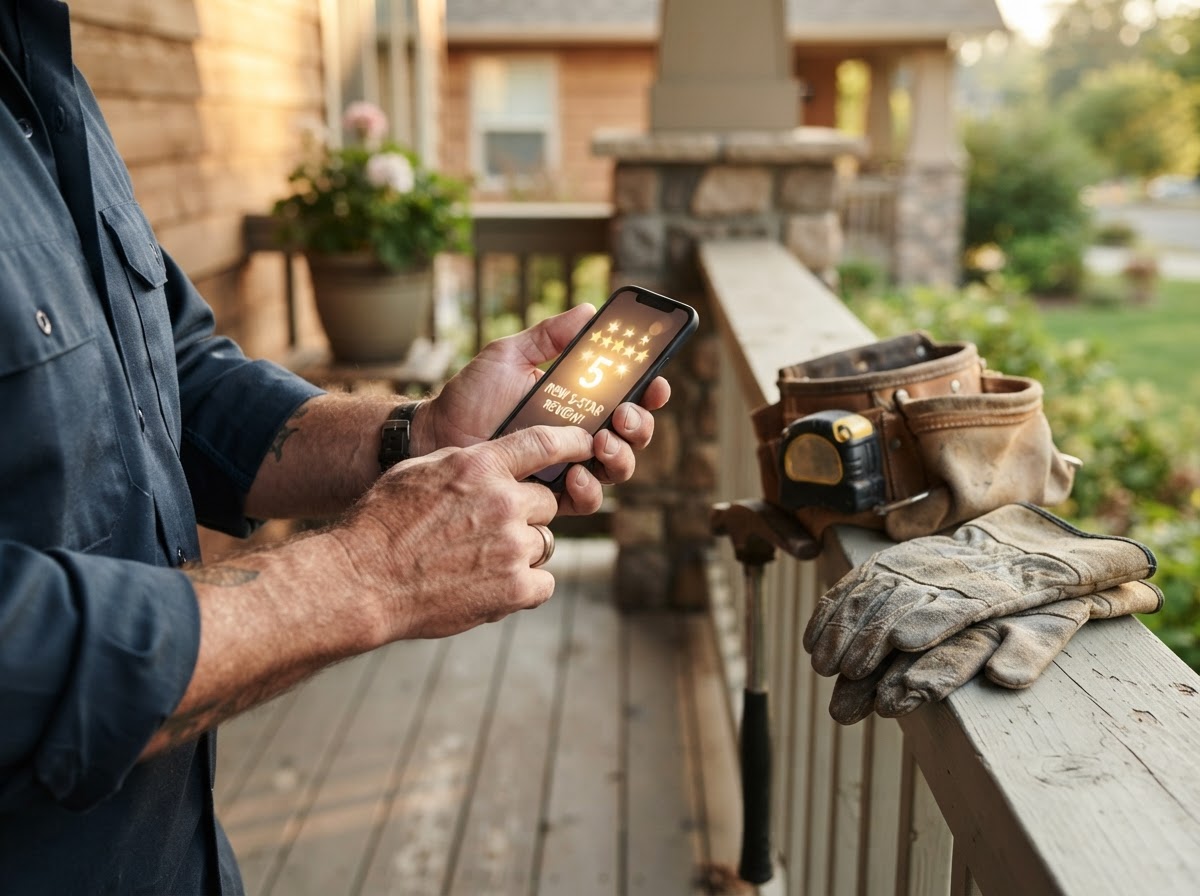 A contractor holding a smartphone on a Tucker porch, the screen showing a new 5-star review notification, with a tool belt and work gloves resting on the railing