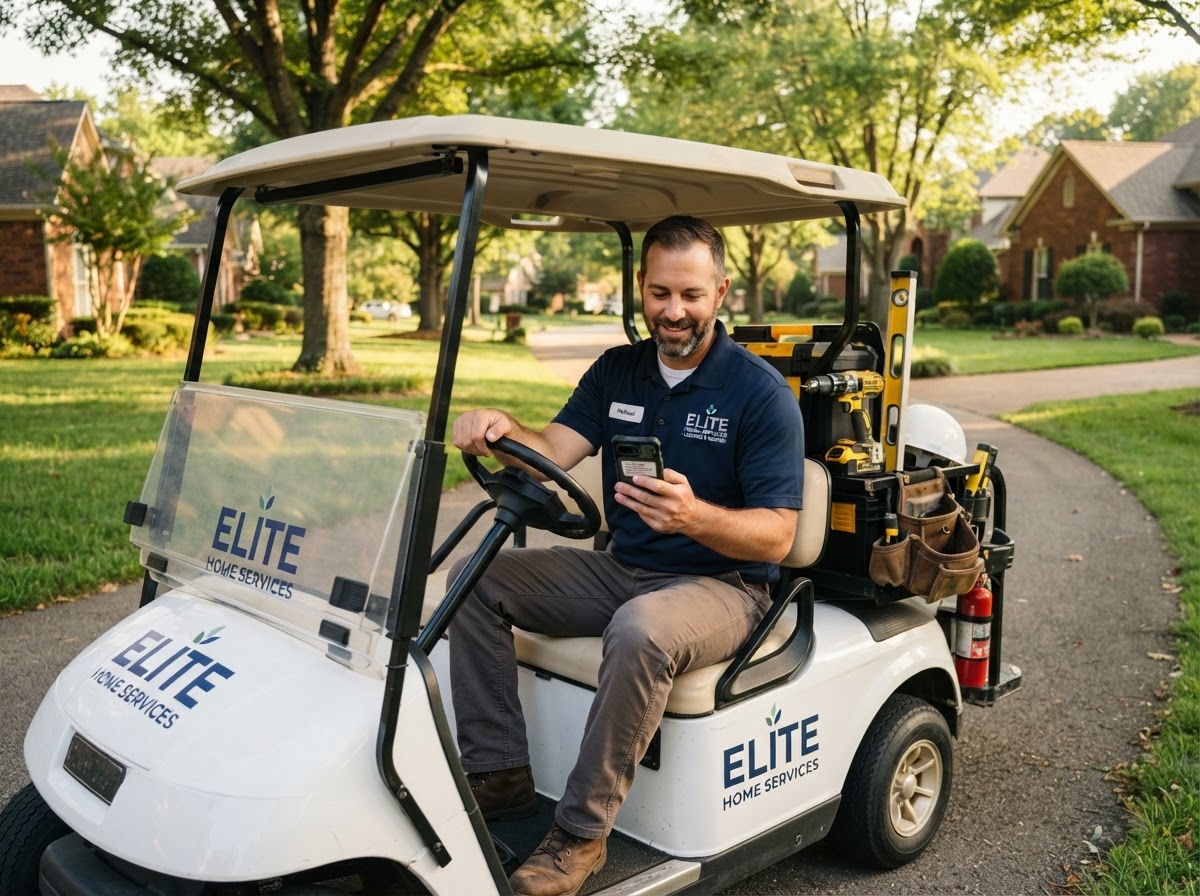 A professional contractor sitting in an open golf cart on a tree-lined residential path, checking a smartphone that displays a new lead text notification, work tools in the back of the cart, suburban homes in the background