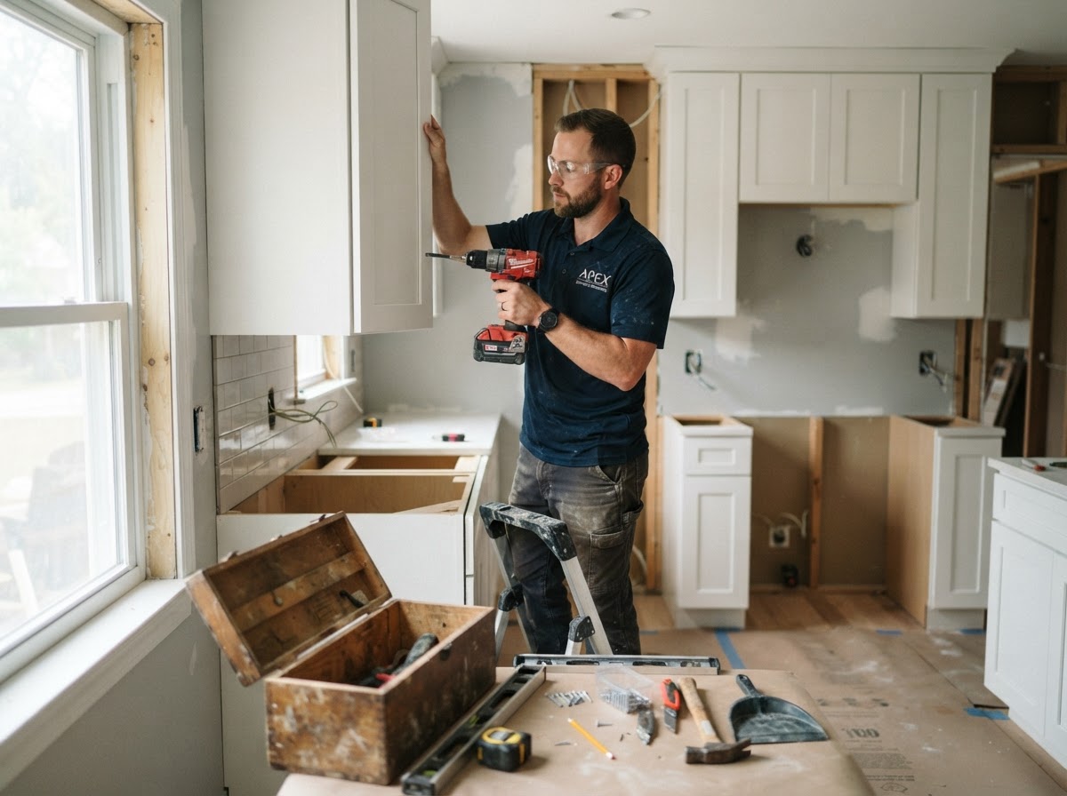 Kitchen remodeler installing cabinetry in a residential kitchen