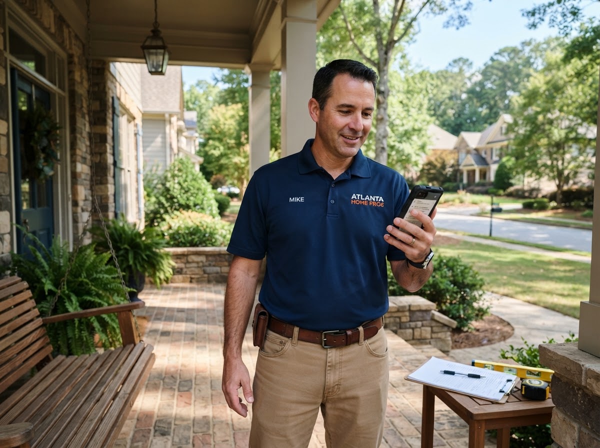 A professional contractor in a branded polo shirt near a busy Atlanta-area corridor, holding a smartphone showing a unified inbox of text and message notifications from multiple channels