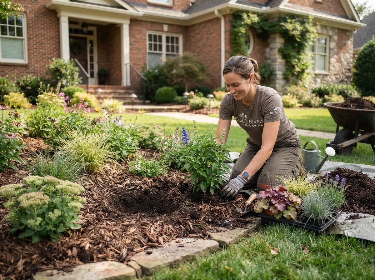 Landscaper mulching a residential front yard garden