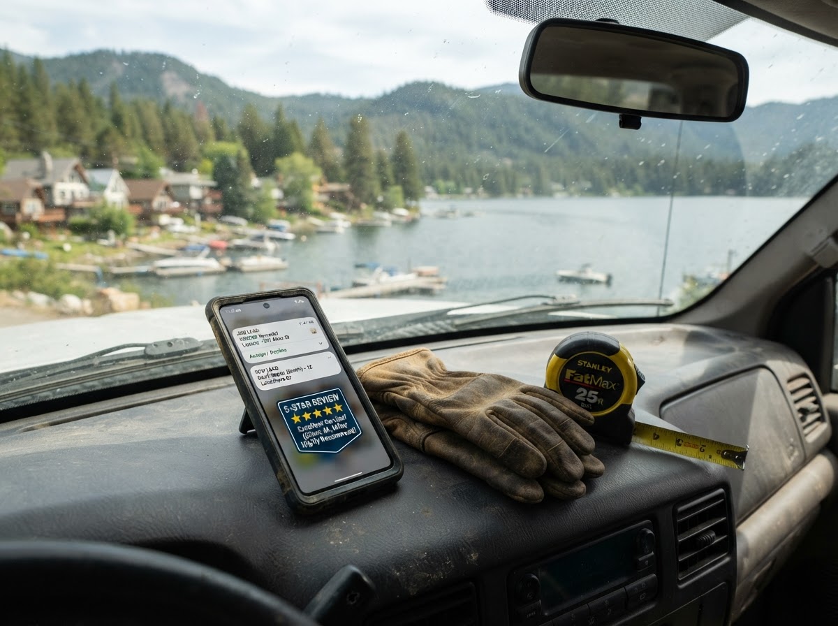 A contractor's smartphone on the dashboard of a pickup truck overlooking an Acworth lake town, the screen showing lead notifications and a 5-star review badge, work gloves and a tape measure beside it