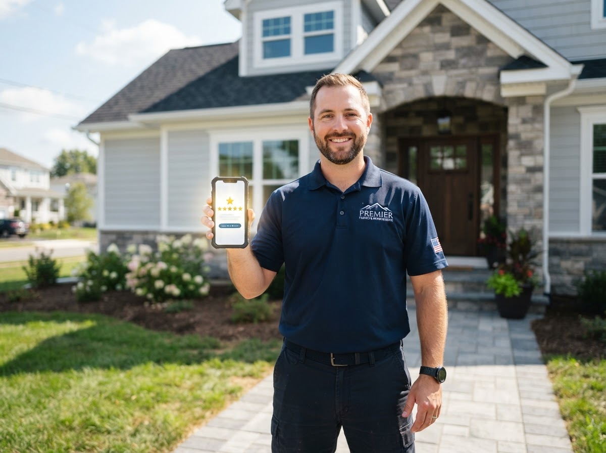 A professional contractor in a branded polo shirt holding a smartphone, the screen glowing with a five-star review request prompt showing golden stars, standing in front of a freshly completed residential exterior job