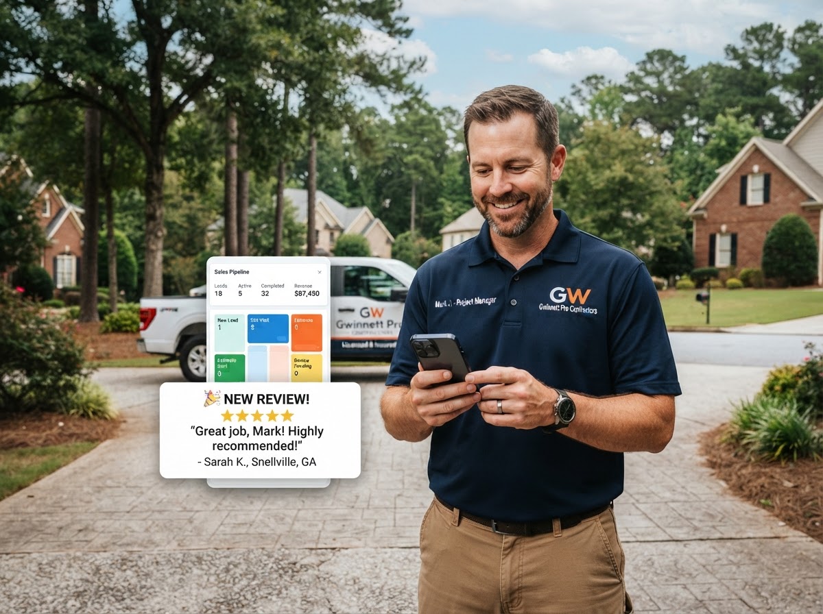 A professional contractor in a branded polo shirt in a Gwinnett County suburban driveway, holding a smartphone showing a CRM pipeline dashboard with lead cards and a 5-star review notification