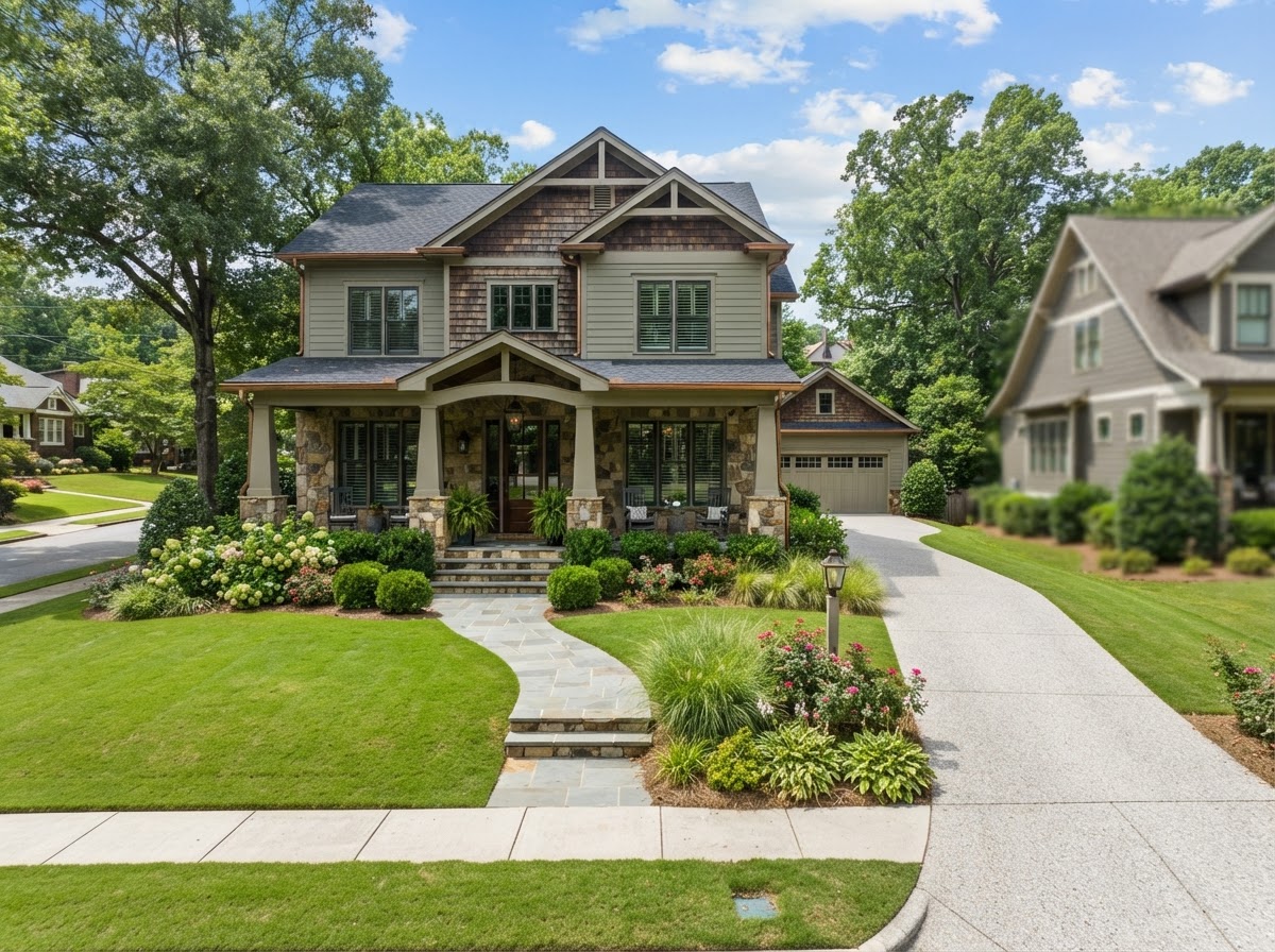 A tidy upscale craftsman-style home with a covered front porch and neat landscaping in an affluent Atlanta suburb setting