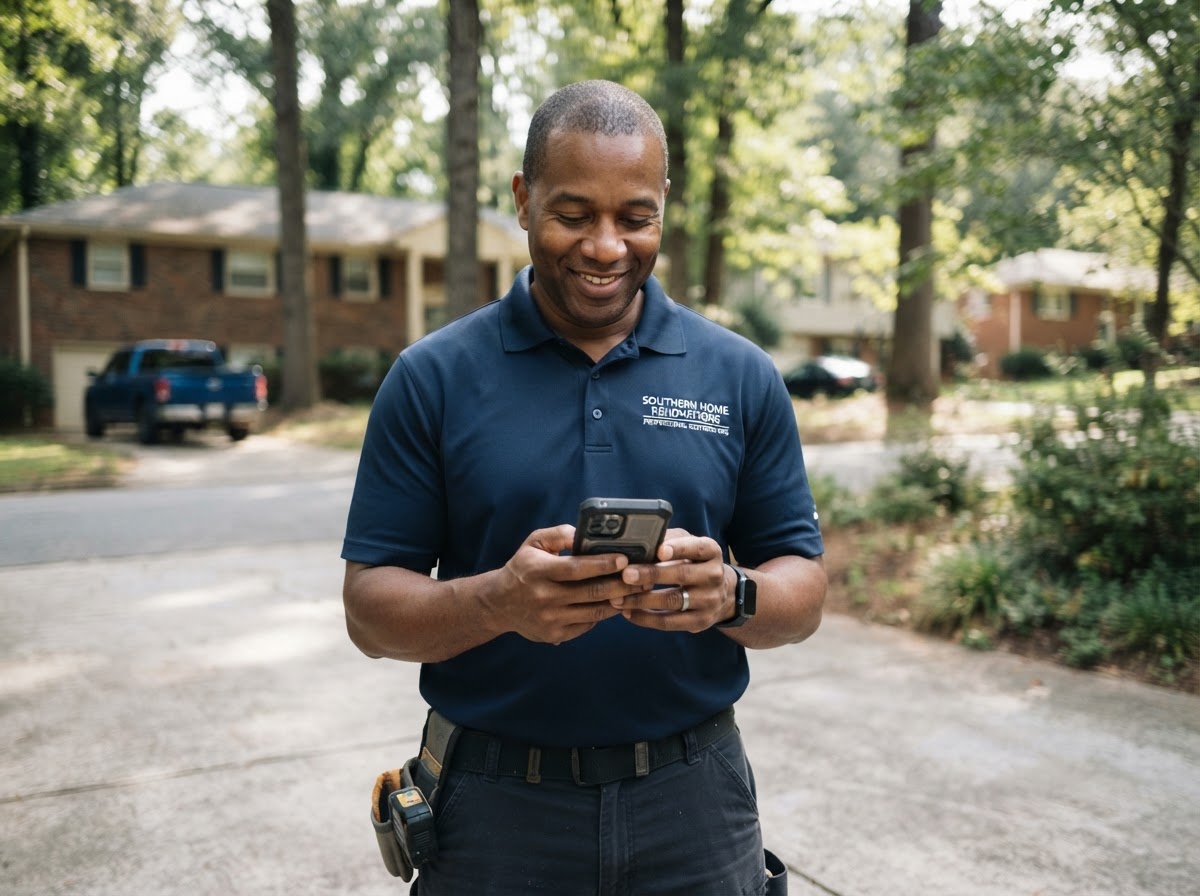 A professional contractor in a branded polo shirt in a south-Atlanta residential driveway, holding a smartphone showing a Google Business Profile listing with a 5-star rating and review notifications