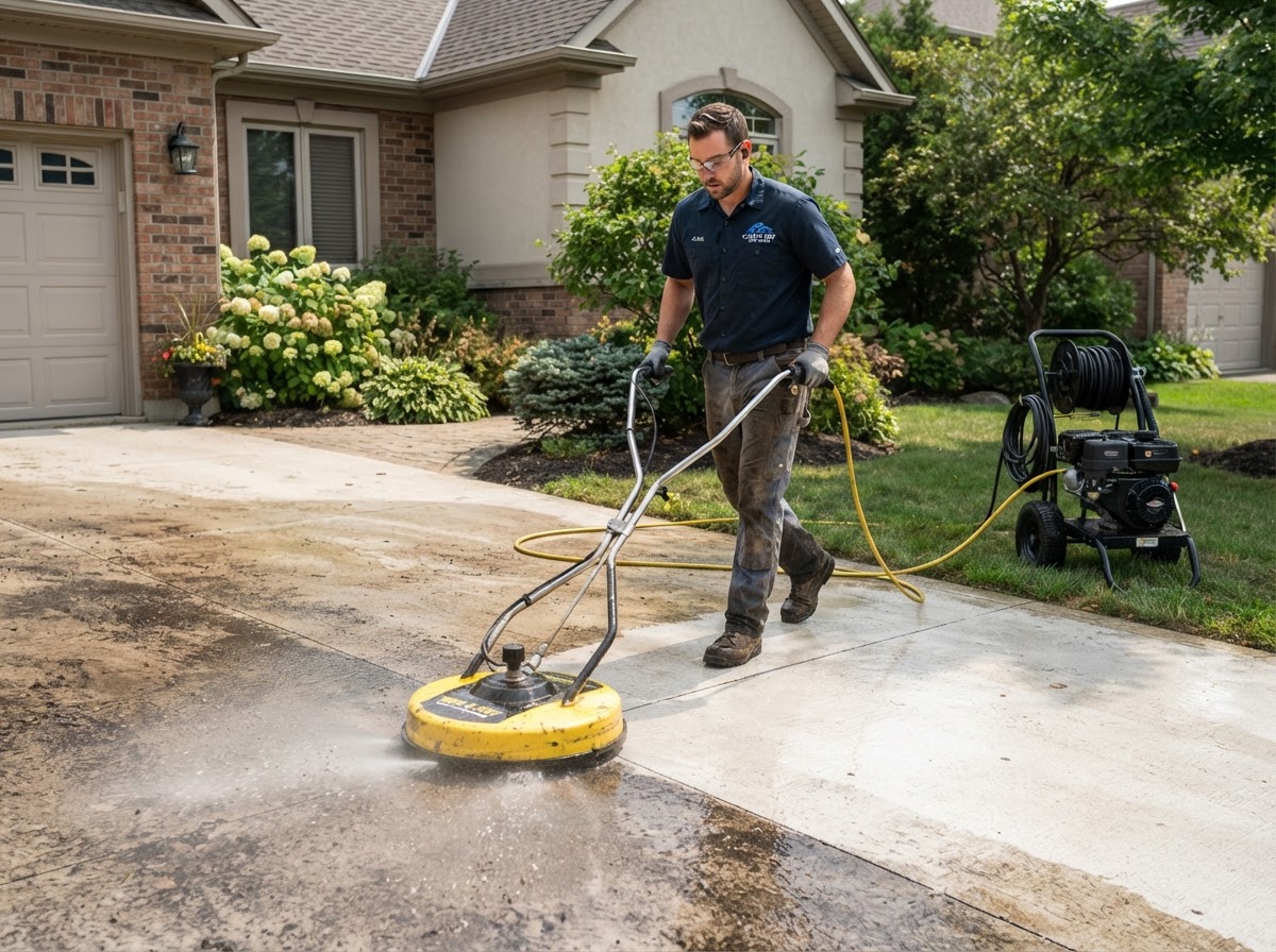 Pressure washing technician cleaning a residential driveway