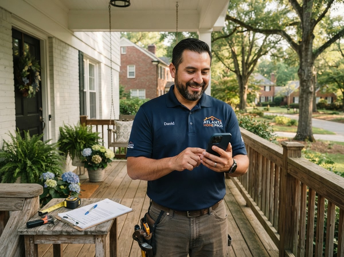 A professional contractor in a branded polo shirt standing on the front porch of a suburban Georgia home, holding a smartphone that displays a Google search results page with a business listing highlighted, a clipboard and tools nearby