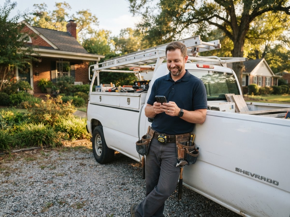 A professional contractor in a navy branded polo shirt and tool belt leaning against a white work pickup truck parked in a quiet Georgia small-town driveway, smiling while looking at his smartphone, looking organized and in control of his business