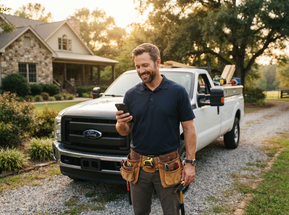 A professional contractor in a branded polo shirt and tool belt standing beside his work pickup truck in a Barrow County driveway, holding a smartphone and smiling, looking organized and in control of his business