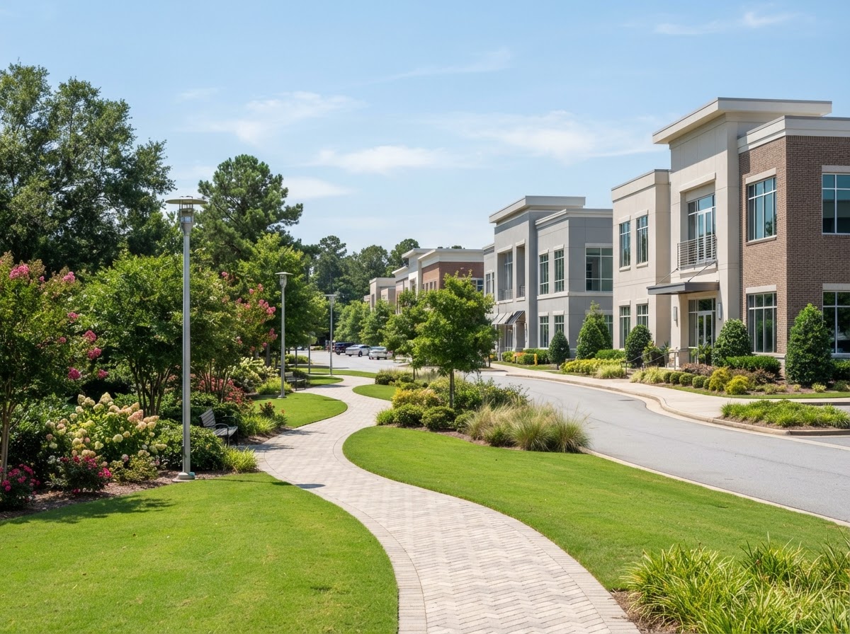 A tidy modern suburban town center in a planned Georgia community with a small green park, paved walking path, and contemporary office buildings