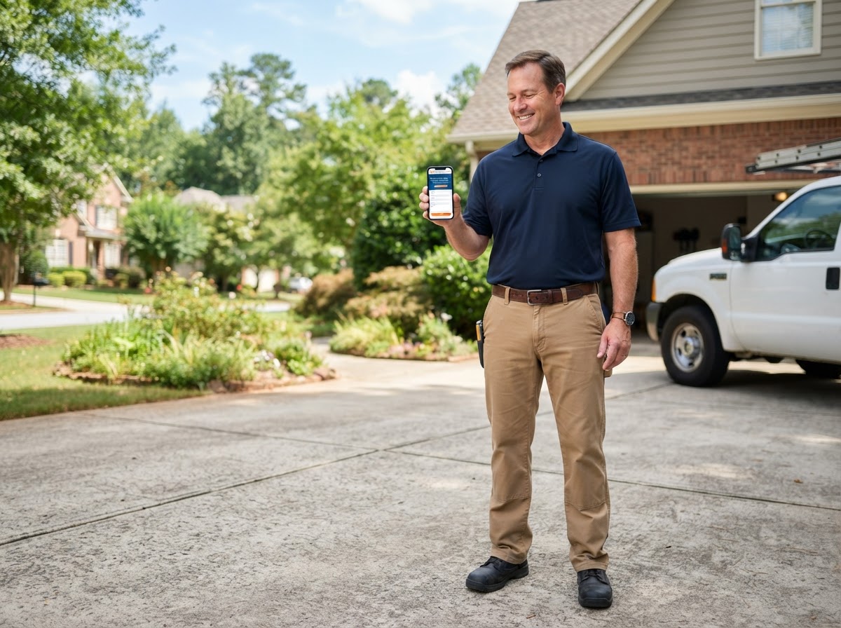 A professional contractor in a branded polo shirt in a Henry County residential driveway, holding a smartphone showing a mobile-friendly contractor website with a contact form