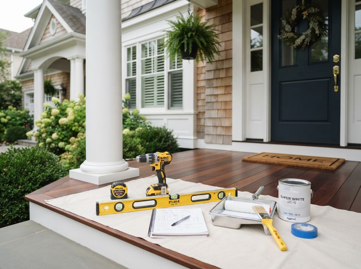 A neatly organized contractor tool setup with a level, tape measure, drill, and notebook on the porch of an upscale Dunwoody home