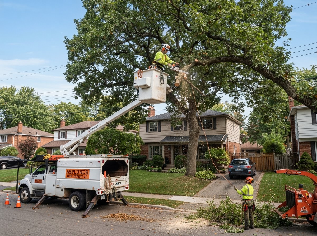 Arborist in a bucket truck trimming branches at a residential property