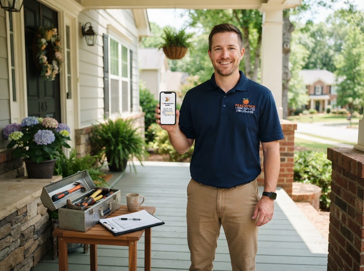A professional contractor in a branded polo shirt standing on the front porch of a suburban Georgia home, holding a smartphone that displays a new 5-star customer review notification, a clipboard and tools nearby