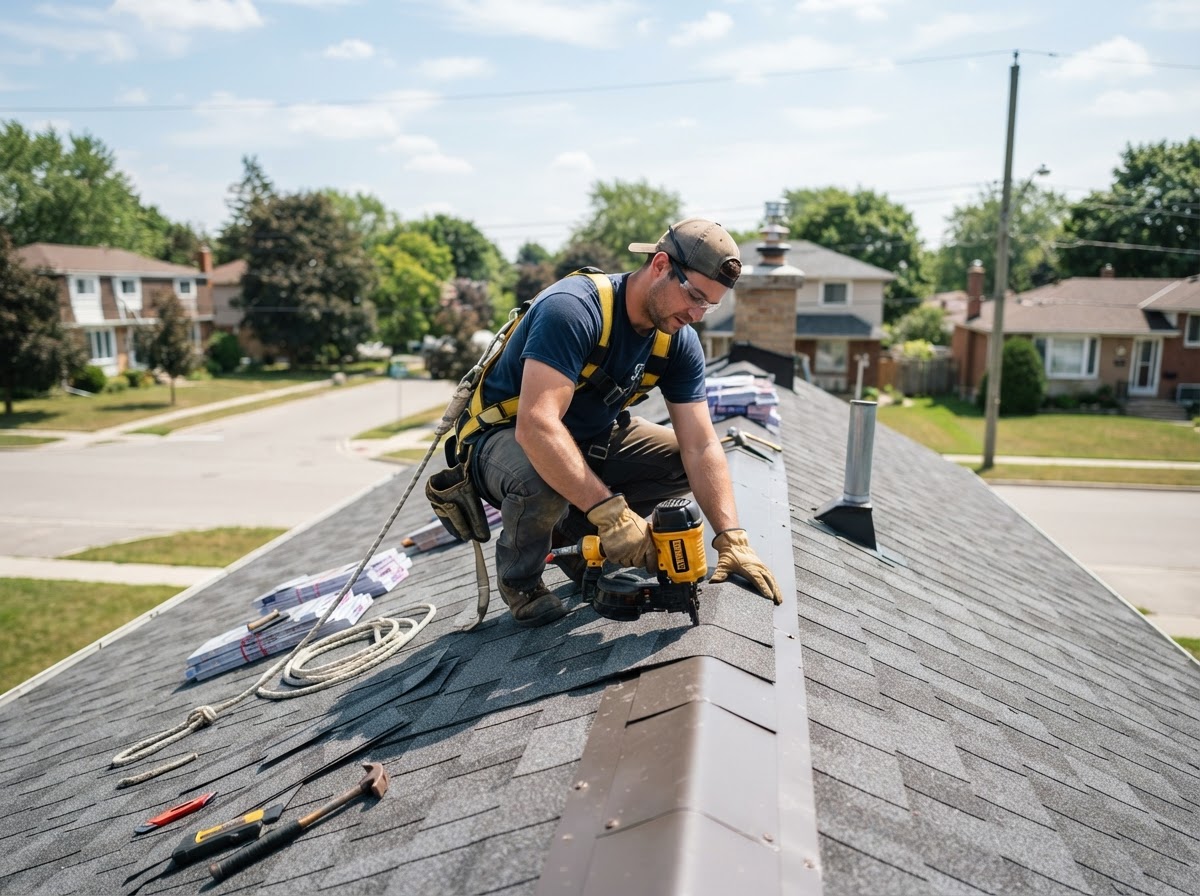 Roofer installing asphalt shingles on a residential roof