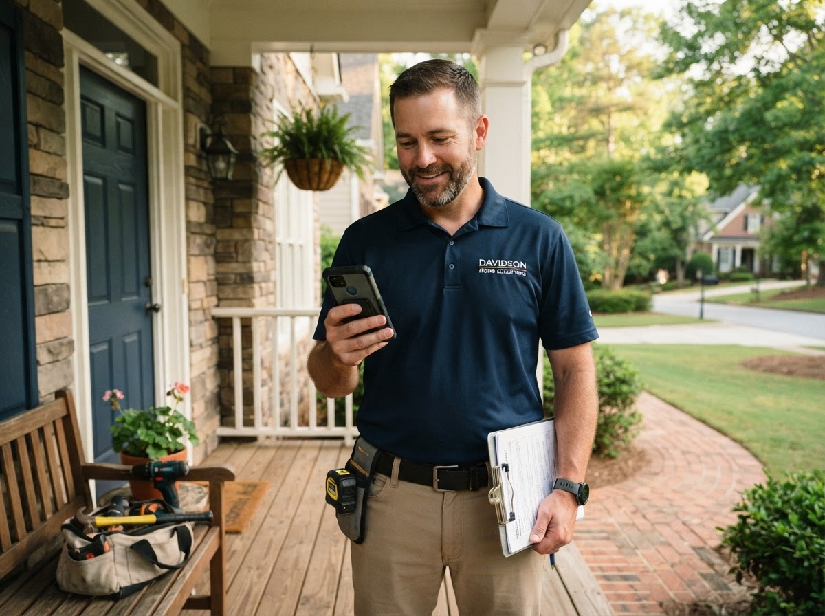 A professional contractor in a branded polo shirt standing on the front porch of a suburban Georgia home, holding a smartphone that displays a text message conversation with an instant automated reply, a clipboard and tools nearby