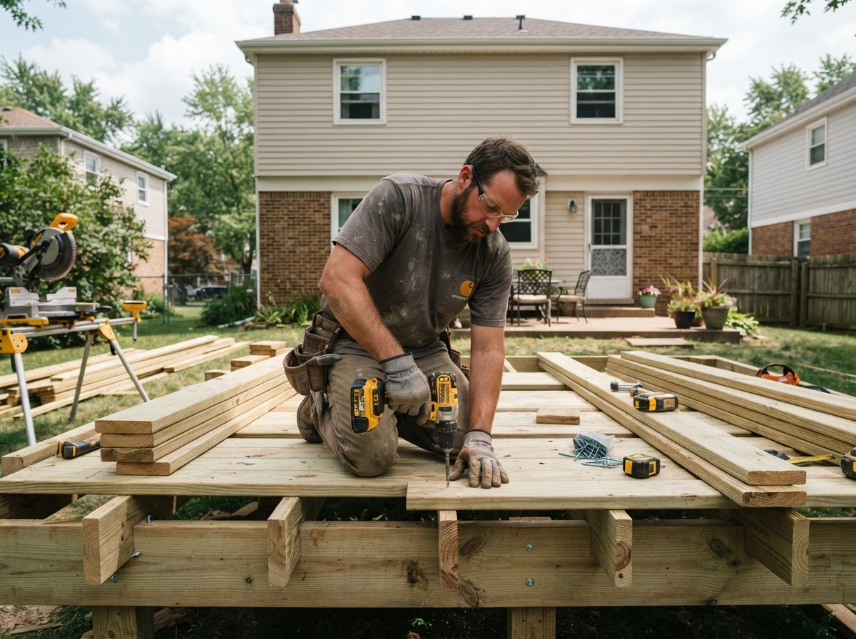 Carpenter building a wooden deck on the back of a residential home