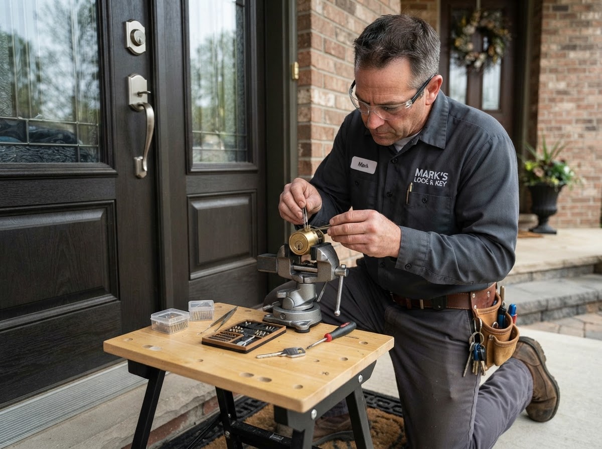 Locksmith rekeying a residential front door lock with specialized tools