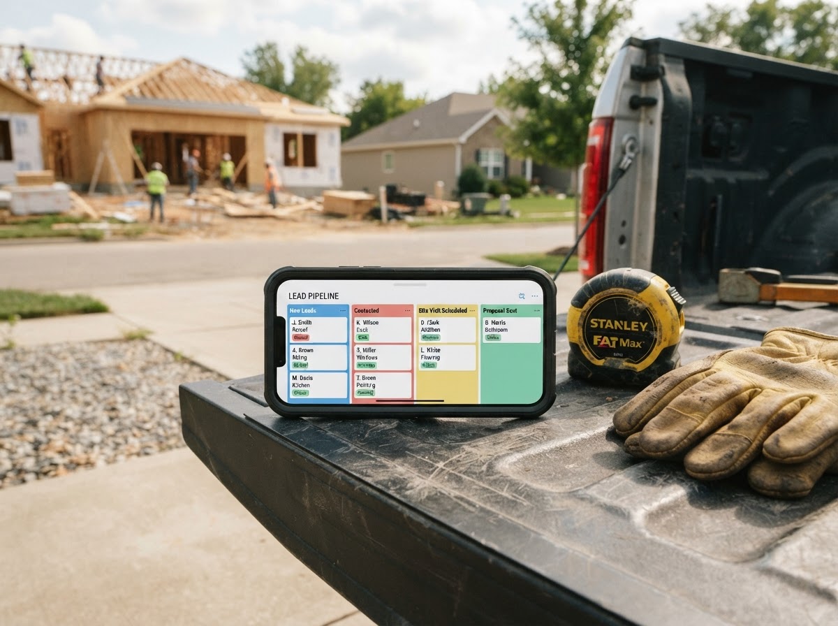 A contractor's smartphone resting on the open tailgate of a pickup truck in a growing Cumming driveway, the screen showing a clean CRM pipeline board with lead cards organized into columns, a tape measure and work gloves beside it