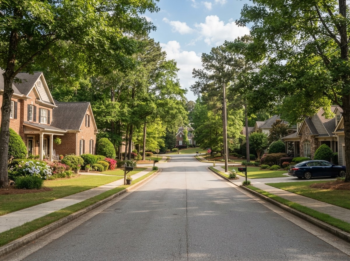 A quiet, well-kept Gwinnett County suburban neighborhood with mature trees and single-family homes