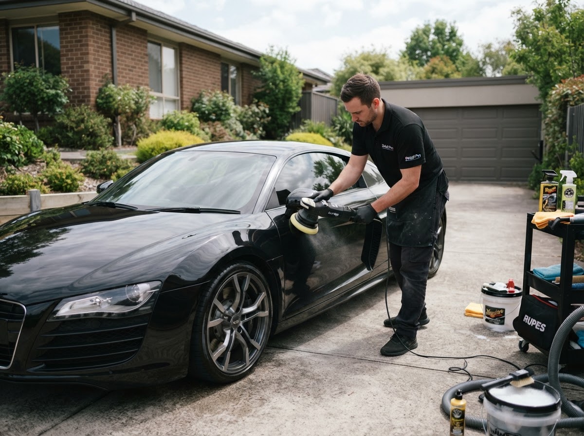 Auto detailing professional polishing a car exterior with a buffer