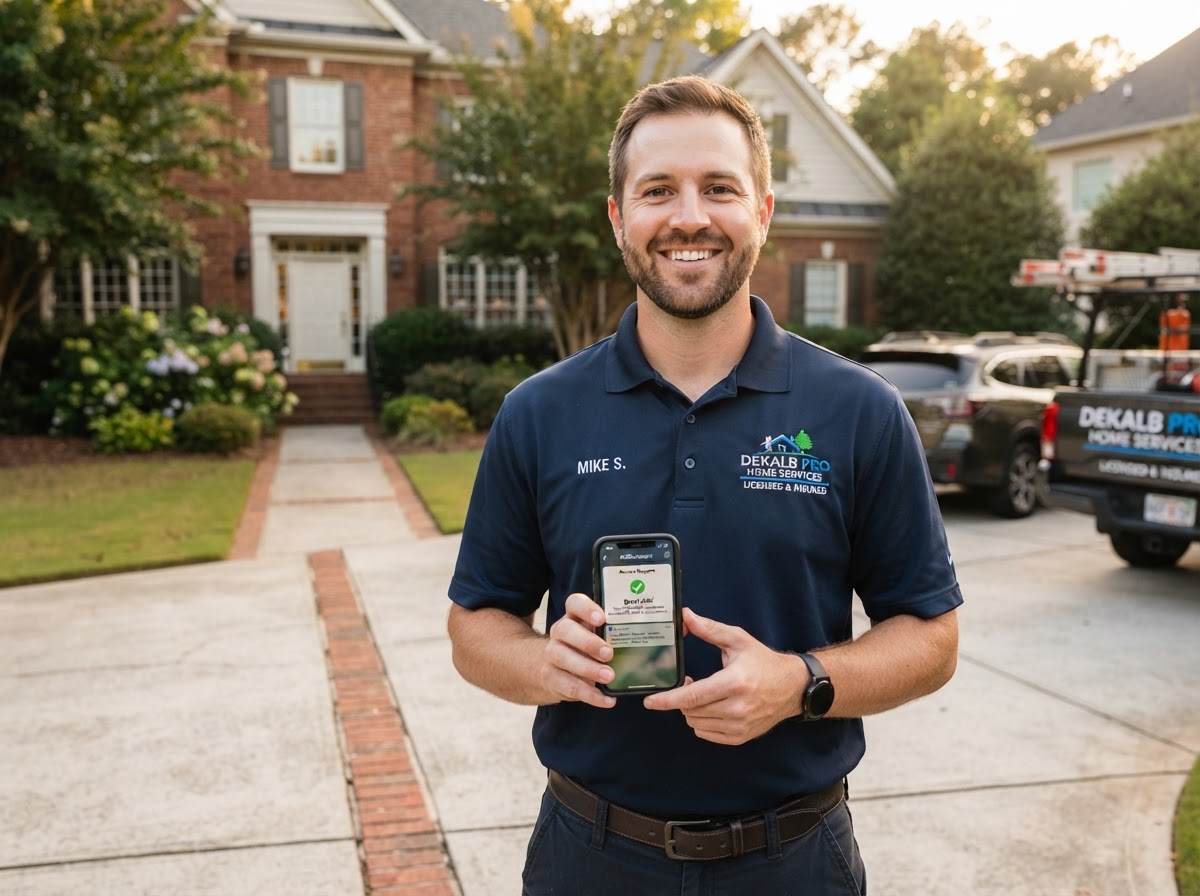 A professional contractor in a branded polo shirt in a DeKalb County residential driveway, holding a smartphone showing a 5-star review request screen and a new lead notification