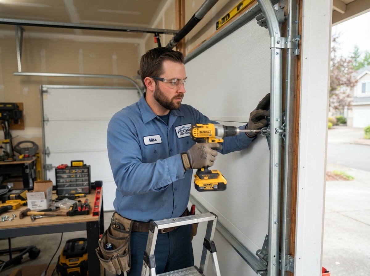 Garage door technician installing a new residential garage door panel