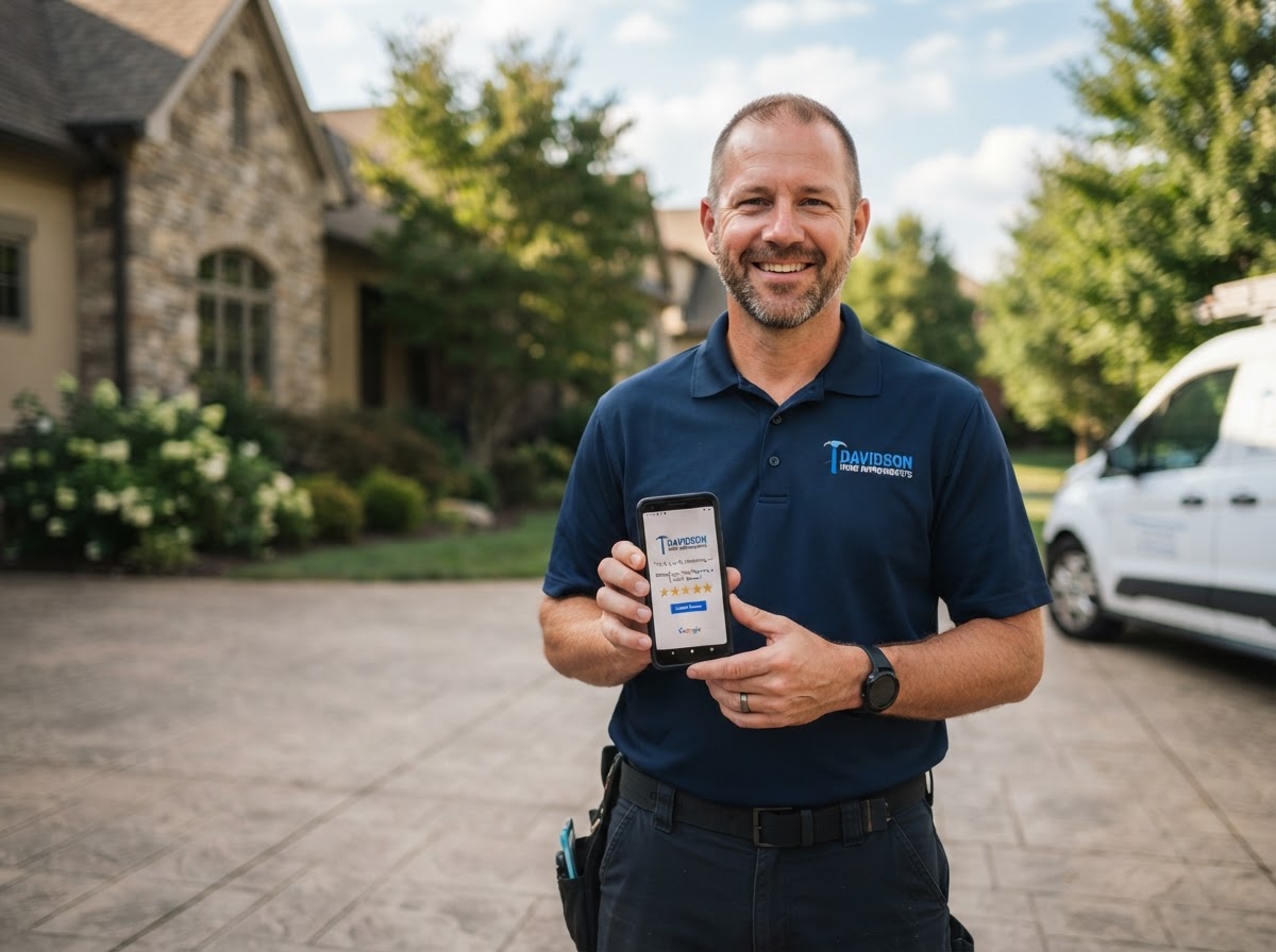 A professional contractor in a branded polo shirt in a Fayette County residential driveway, holding a smartphone showing a 5-star Google review request sent automatically after a finished job
