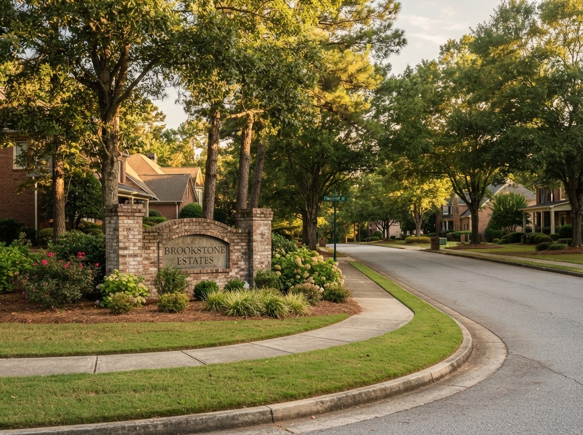 A tidy established suburban neighborhood green space in Gwinnett County with mature shade trees and a brick welcome sign
