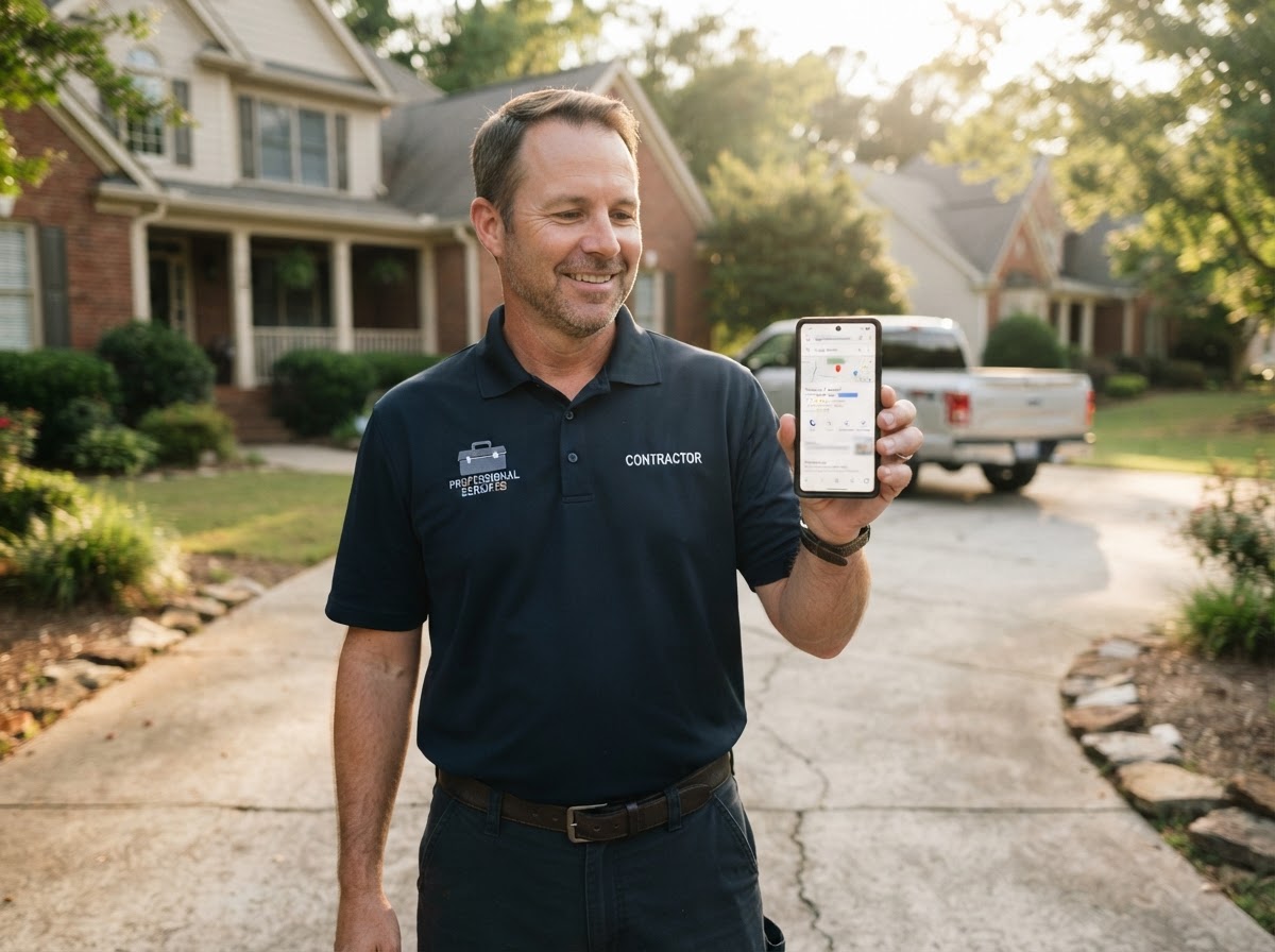 A professional contractor in a branded polo shirt in a Clayton County residential driveway, holding a smartphone showing a Google Business Profile listing with a 5-star rating at the top of local search results