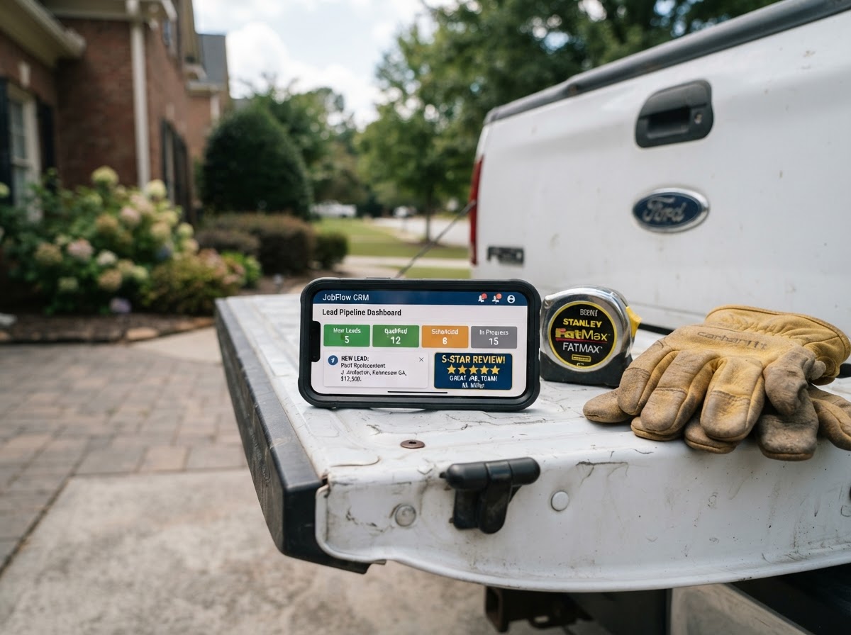 A contractor's smartphone on the tailgate of a pickup truck in a Kennesaw driveway, the screen showing a lead pipeline with new lead notifications and a 5-star review badge, a tape measure and work gloves beside it