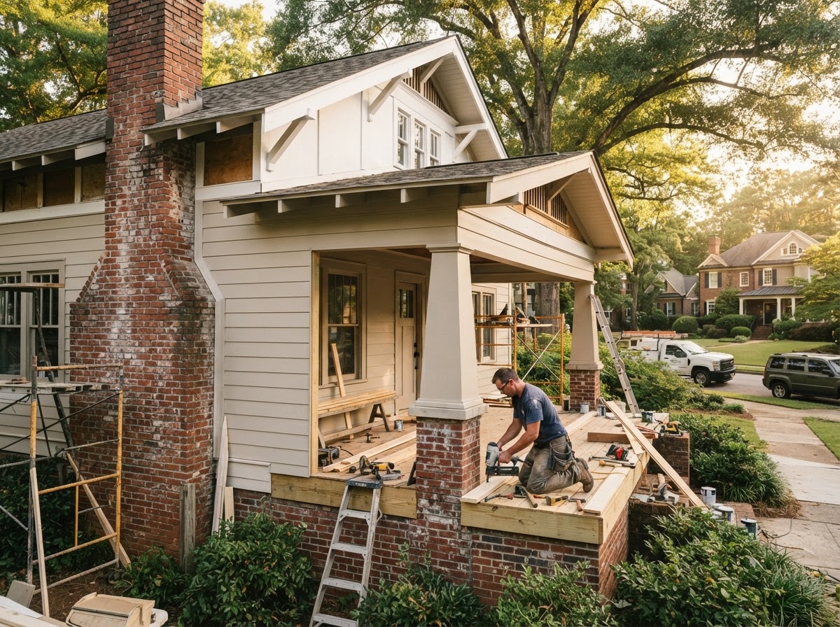 A historic craftsman-style home being renovated in an affluent Georgia suburb, with a contractor working on the front porch