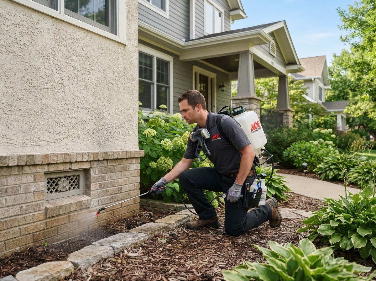Pest control technician treating a residential home foundation