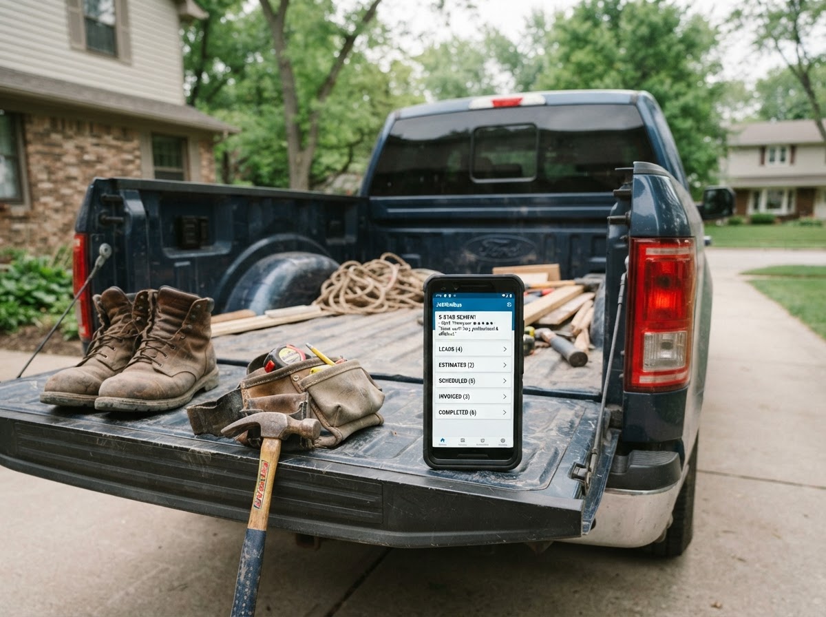 A contractor's smartphone on the open tailgate of a pickup truck in a Powder Springs driveway, the screen showing a CRM pipeline and a new 5-star review notification, work boots and a tool belt beside it