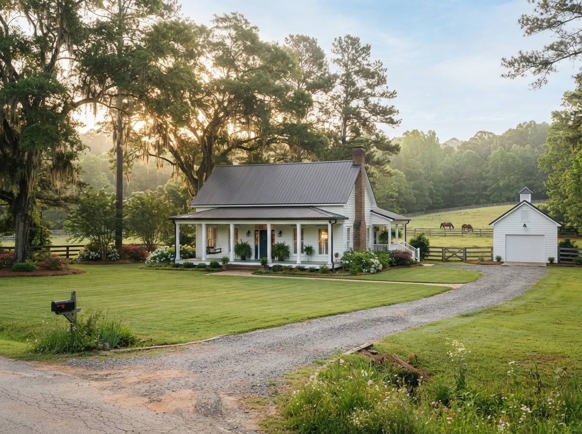 A tidy white farmhouse-style home with a wide front porch and a large green lawn in a quiet small-town Georgia setting