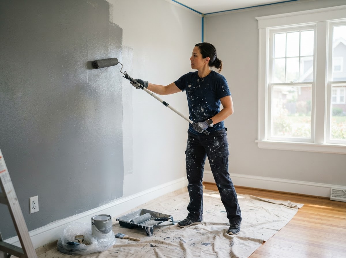 Painter rolling fresh paint onto a residential interior wall