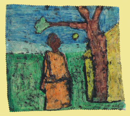 Textured wax resist and oil pastel study of a figure in an orange robe beside a tree